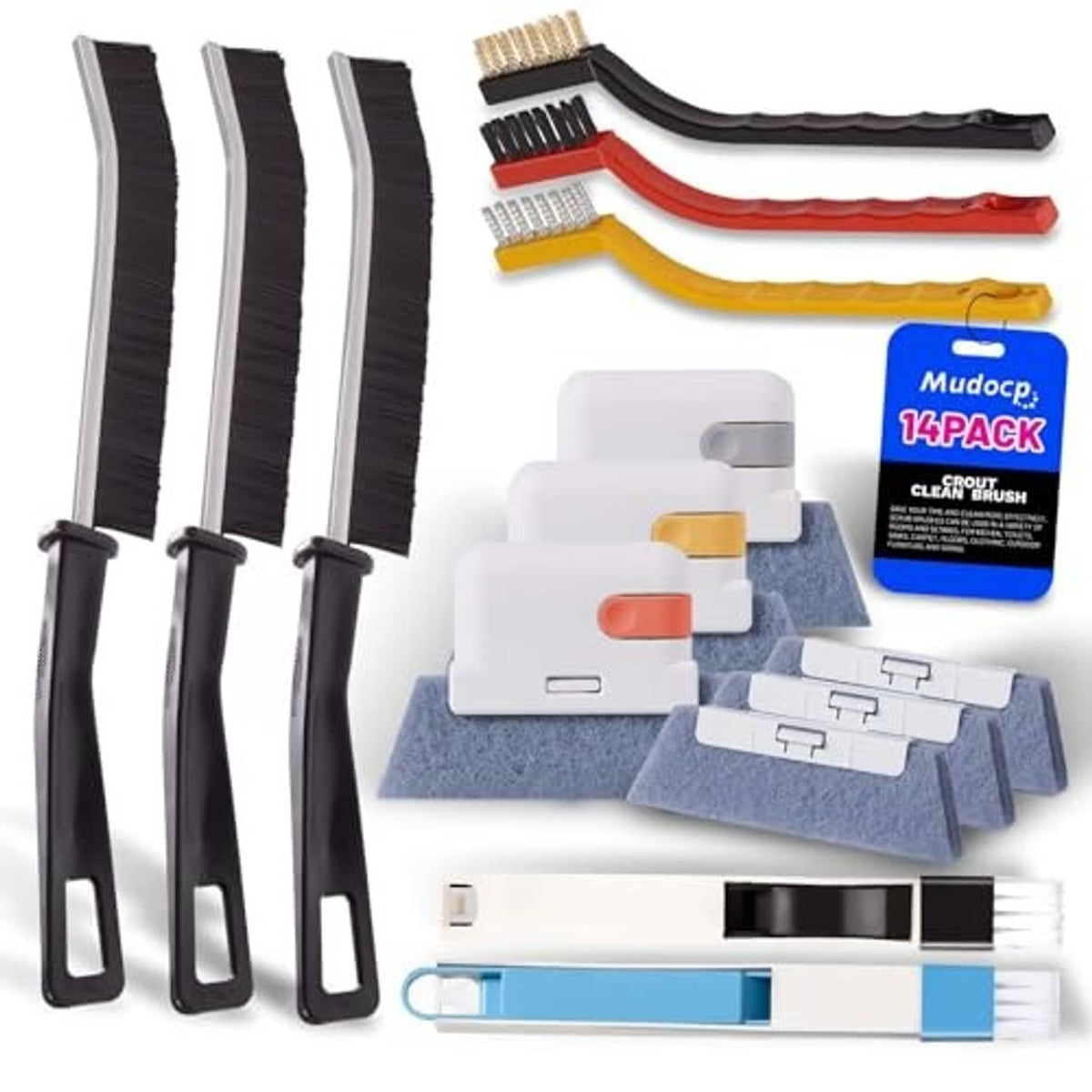 Window groove cleaning brush set with three long black handles and multicolor bristle brushes