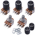 6-pin potentiometer with black knurled knob, metal shaft, and solder pins