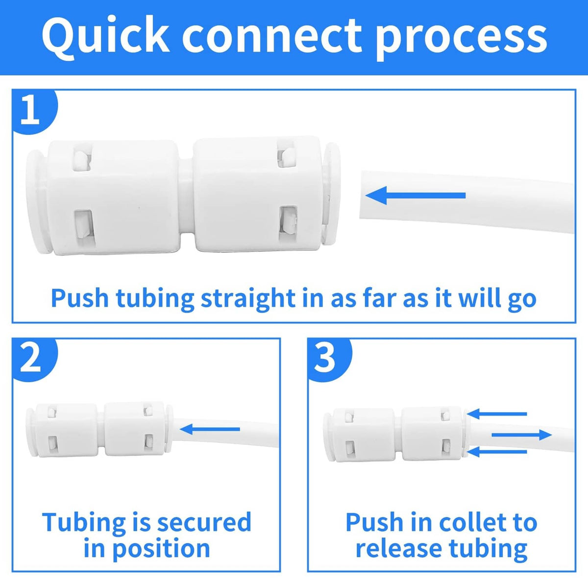 White push tubing straight connector with collet securing tube before release