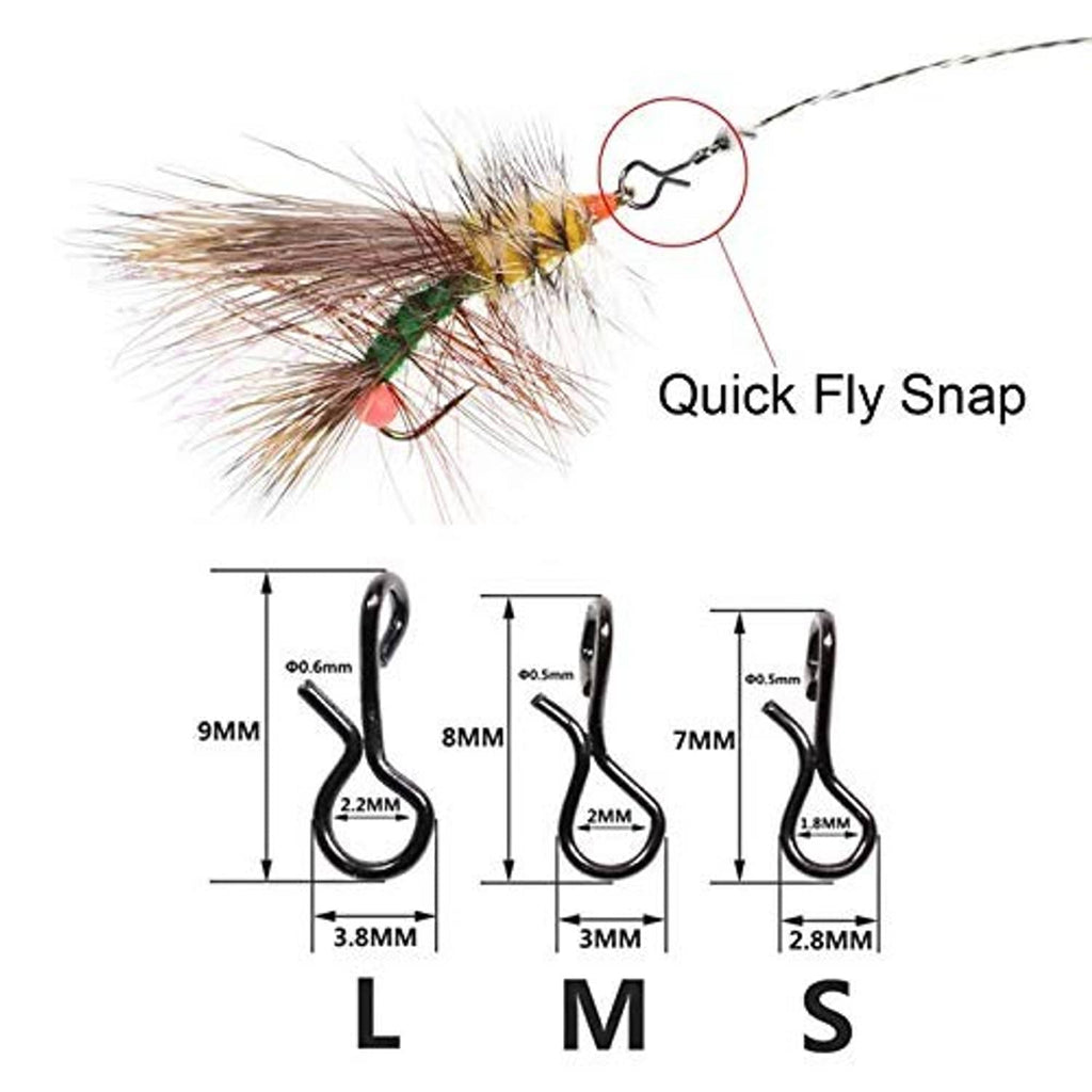 Fly snap size chart showing L, M, and S black snap hooks with loop dimensions