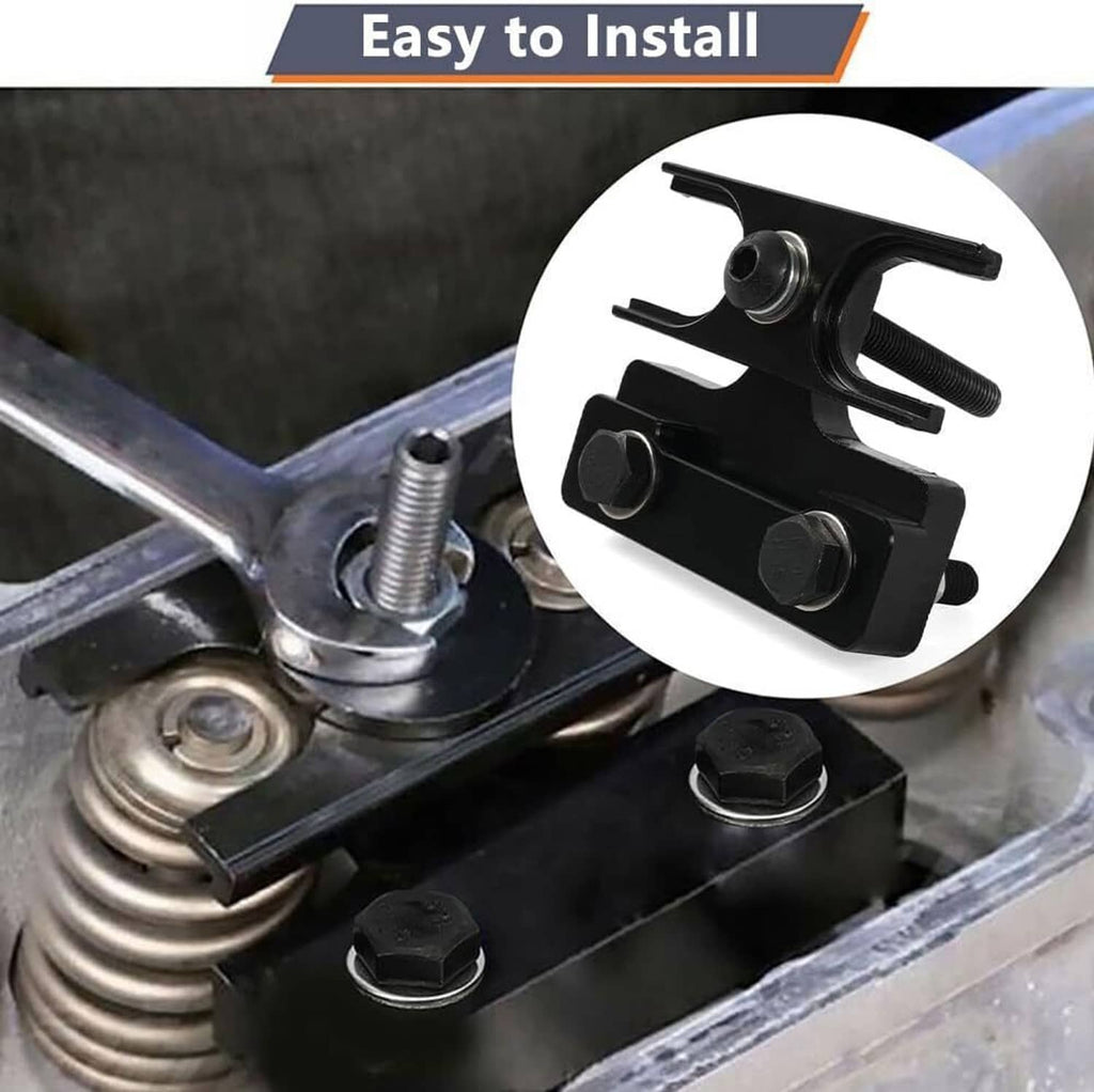 Valve spring compressor tool in use, compressing a valve spring on a metal engine head