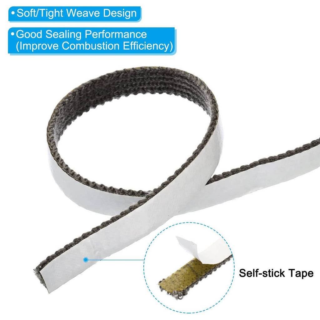 Graphite fiberglass stove gasket strip with self-adhesive tape backing, dark gray