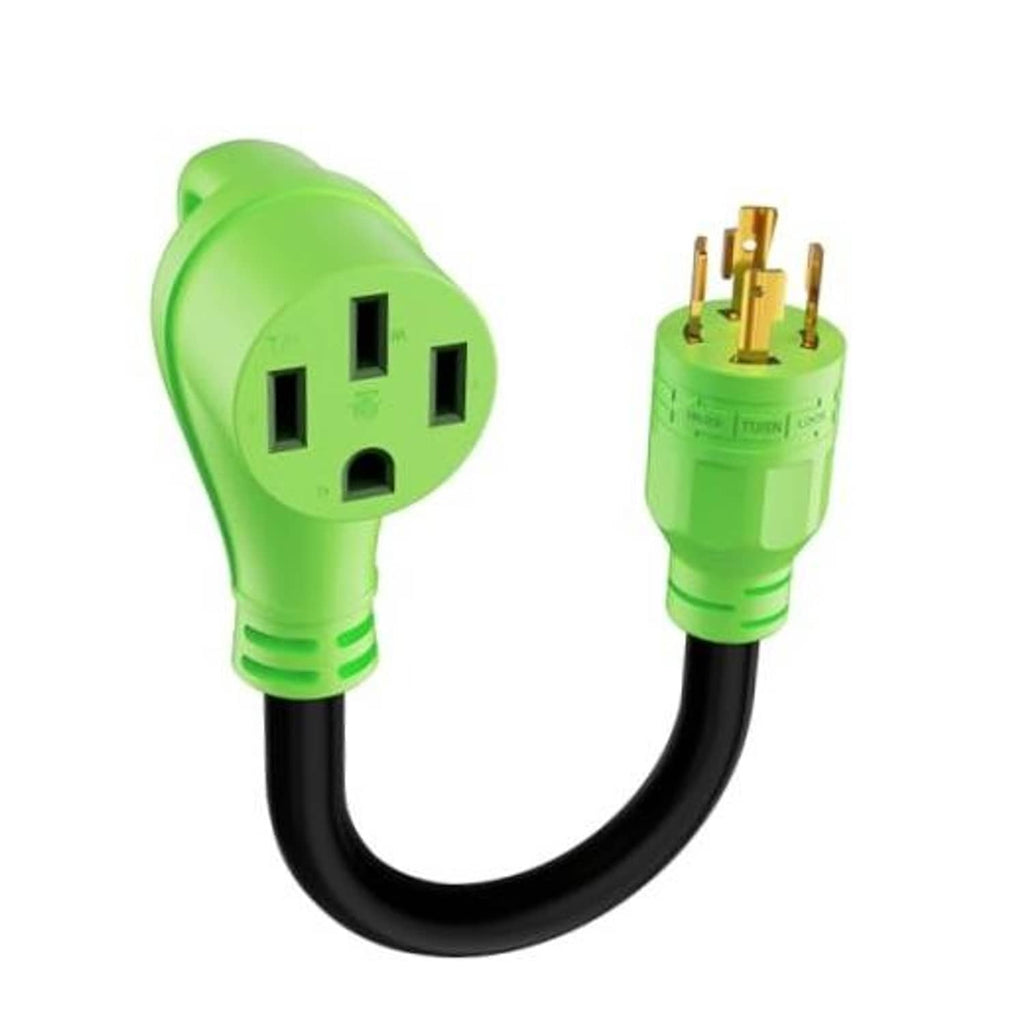 Green 4-prong RV power adapter plugs with black cable and gold contact pins