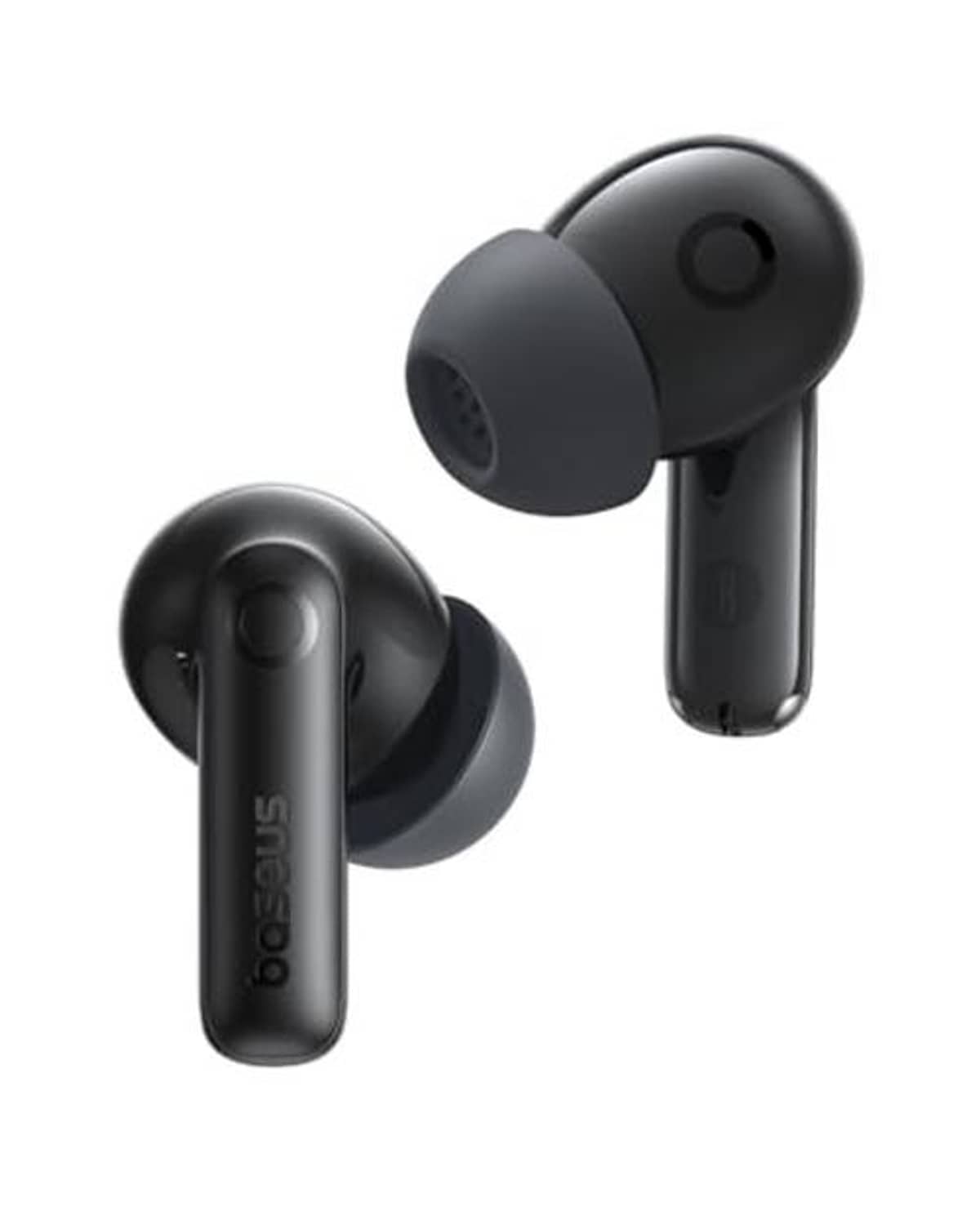 Pair of black wireless earbuds with visible inner and outer ear tips