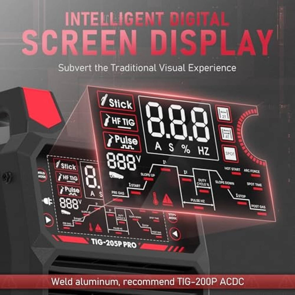 TIG welder control panel with large digital LED screen and mode indicators