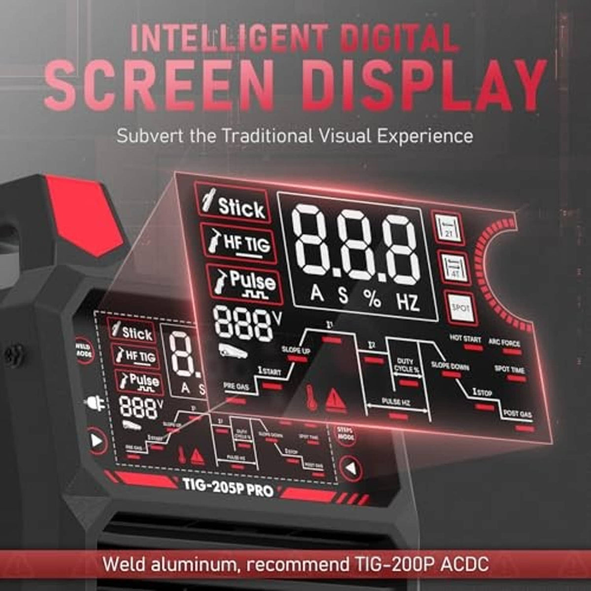 TIG welder control panel with large digital LED screen and mode indicators