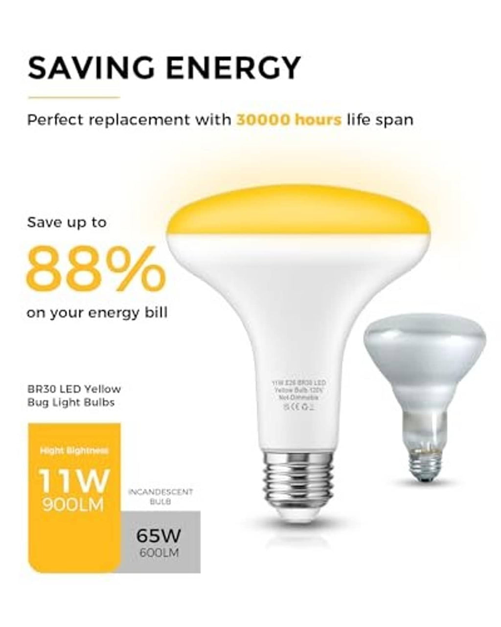 Yellow BR30 LED bug light bulb with E26 base, white body and yellow dome