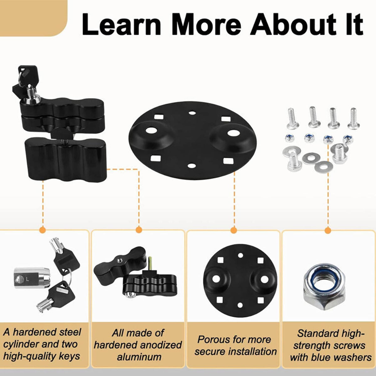 Black pack-mount lock kit with base plate, bolts, and key illustrations