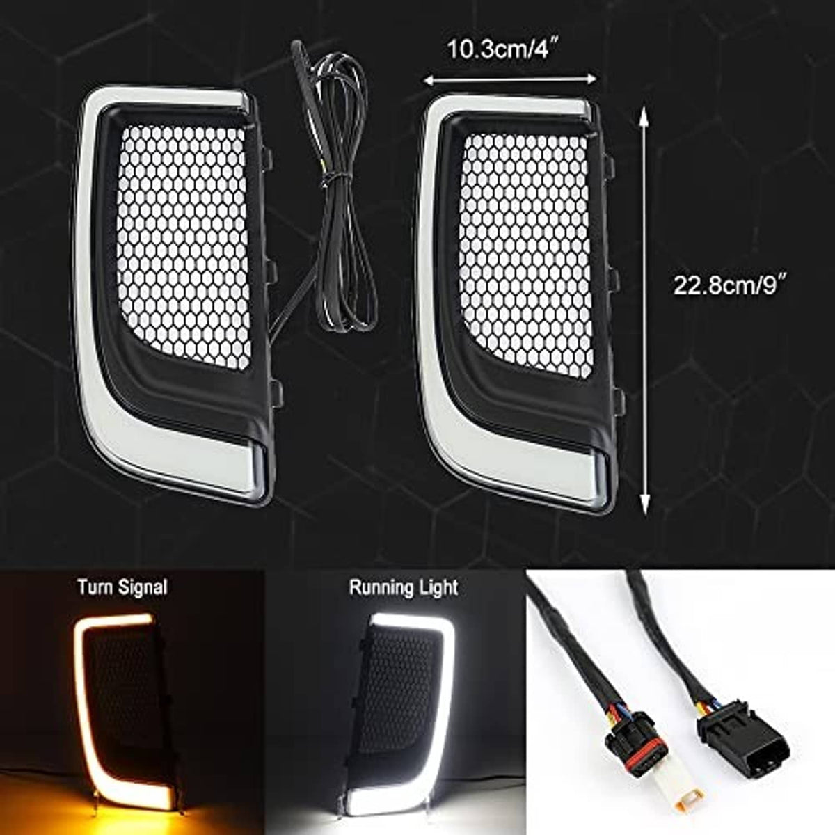 Motorcycle vent light pair showing mesh grille, turn signal and running light lighting effects