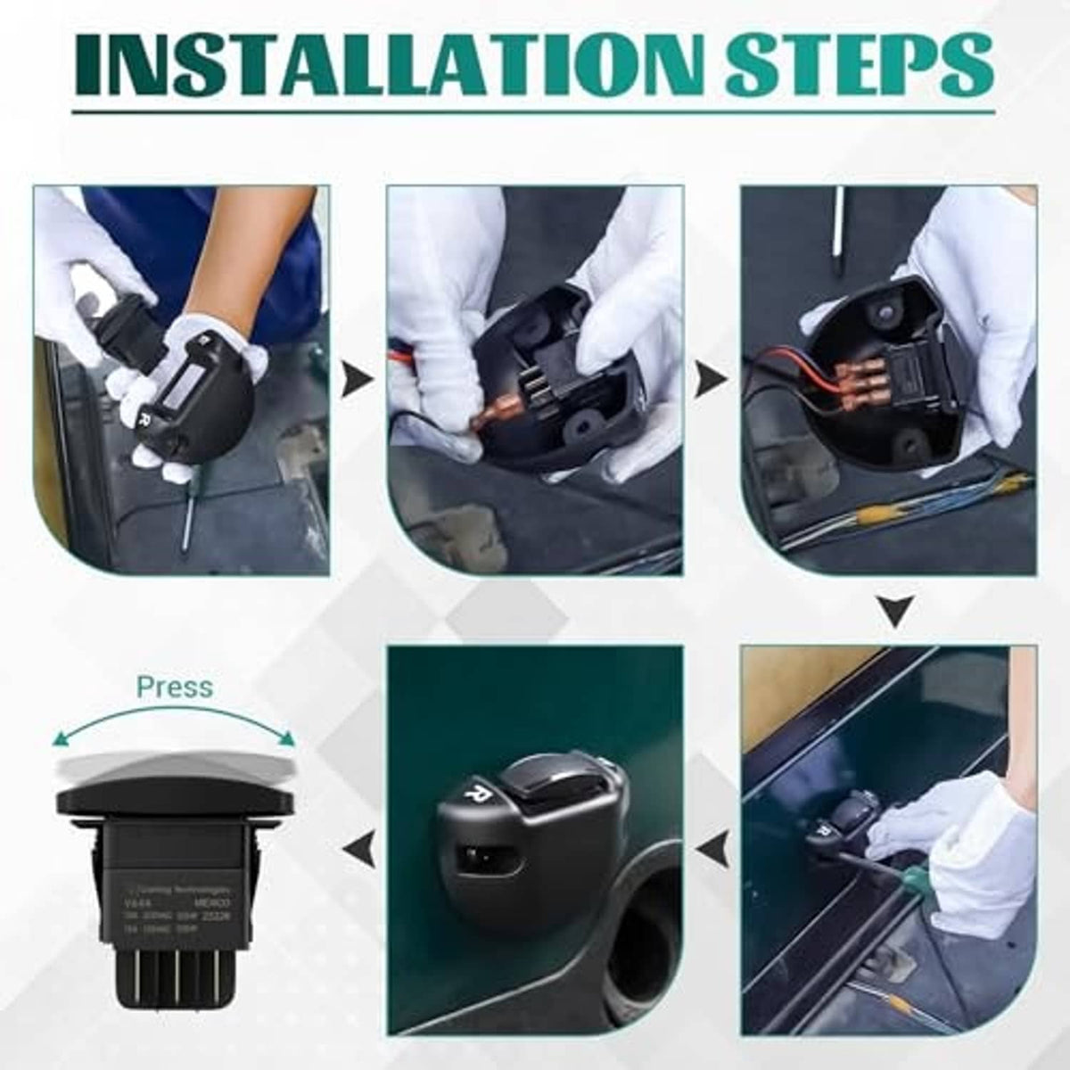 Black forward/reverse rocker switch shown during installation with connector area