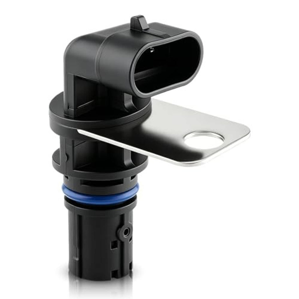 Crankshaft position sensor with silver mounting plate, black connector, and blue rubber seal