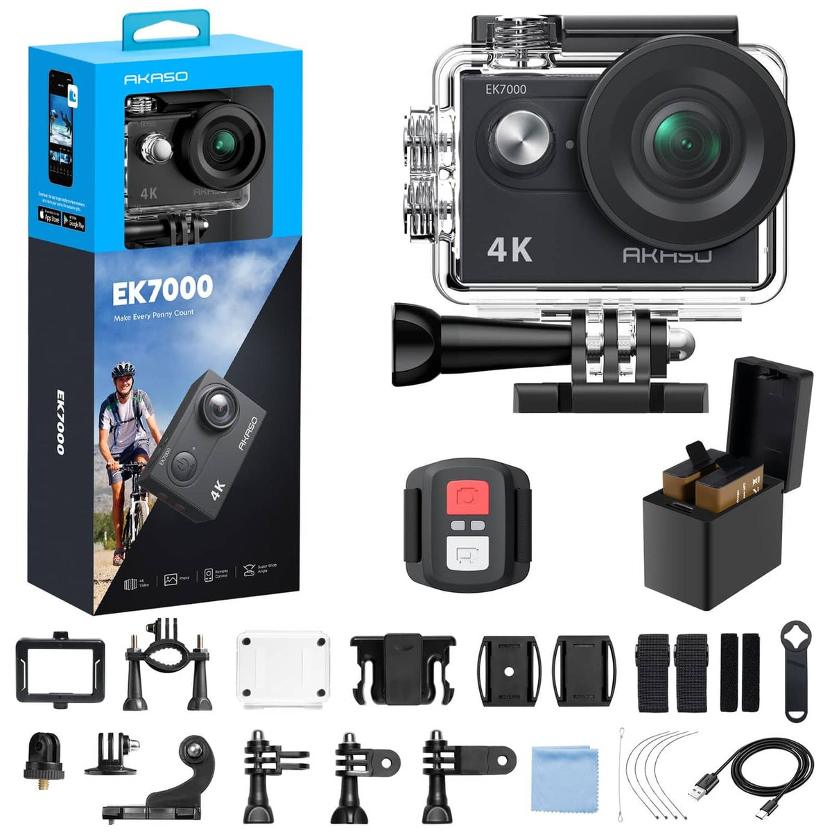 AKASO EK7000 action camera kit with black waterproof camera, lens, and mounting accessories