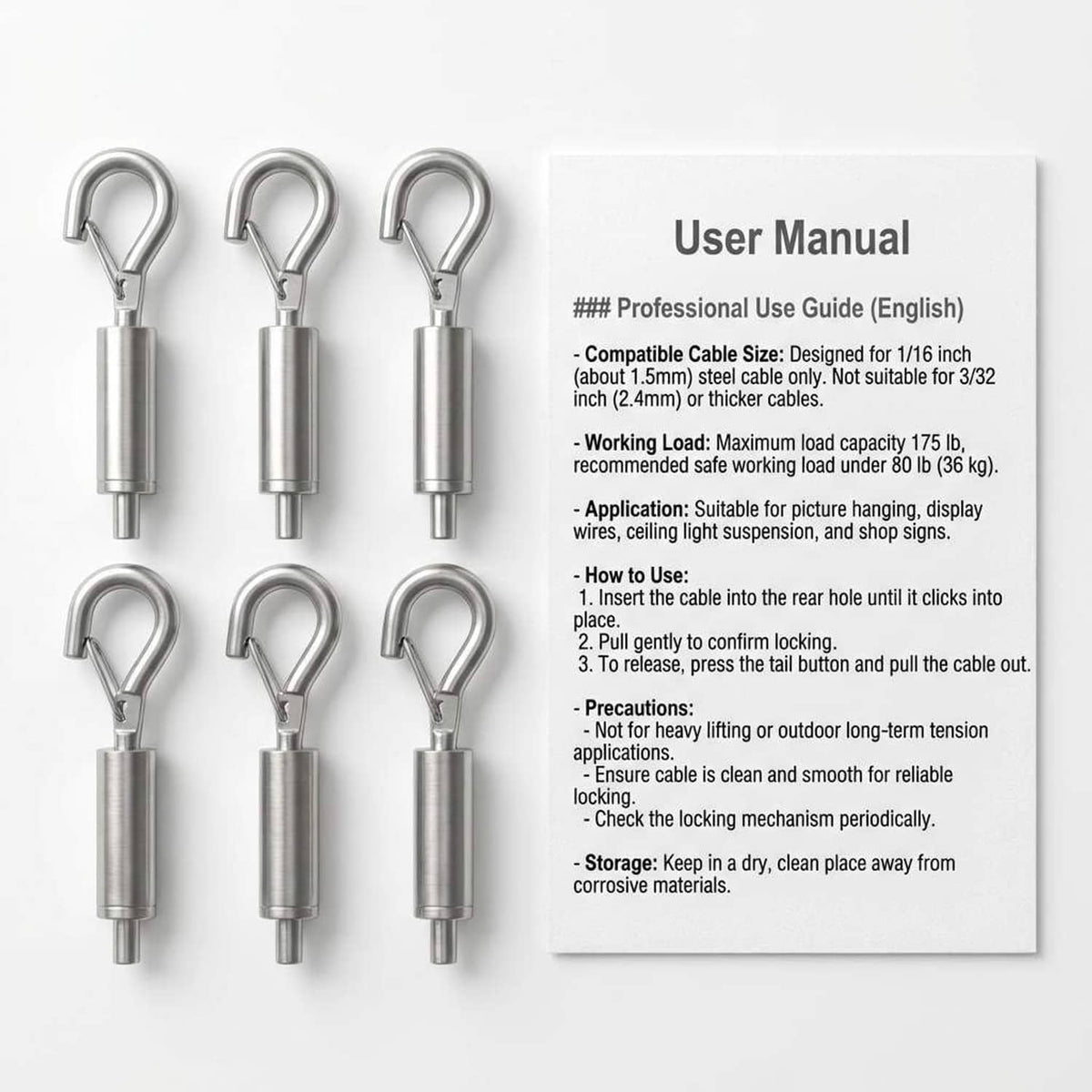 QWORK wire rope hanger pack: metal loop hooks with user manual card