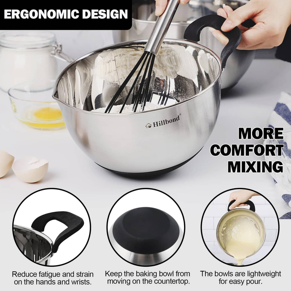Stainless steel mixing bowl with black handle lid, whisk mixing inside