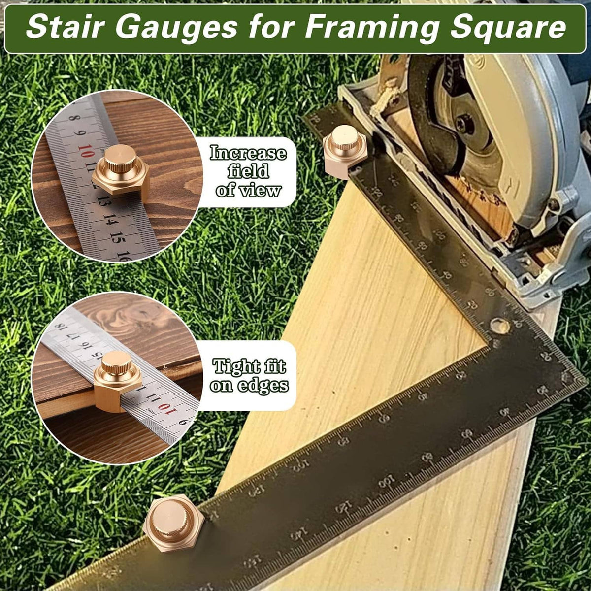Stair gauge clamp on framing square with etched angle measuring scale on metal