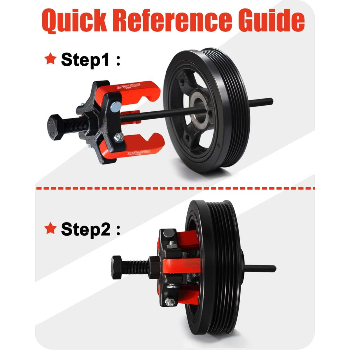 Harmonic balancer puller showing main puller body and forcing rod setup