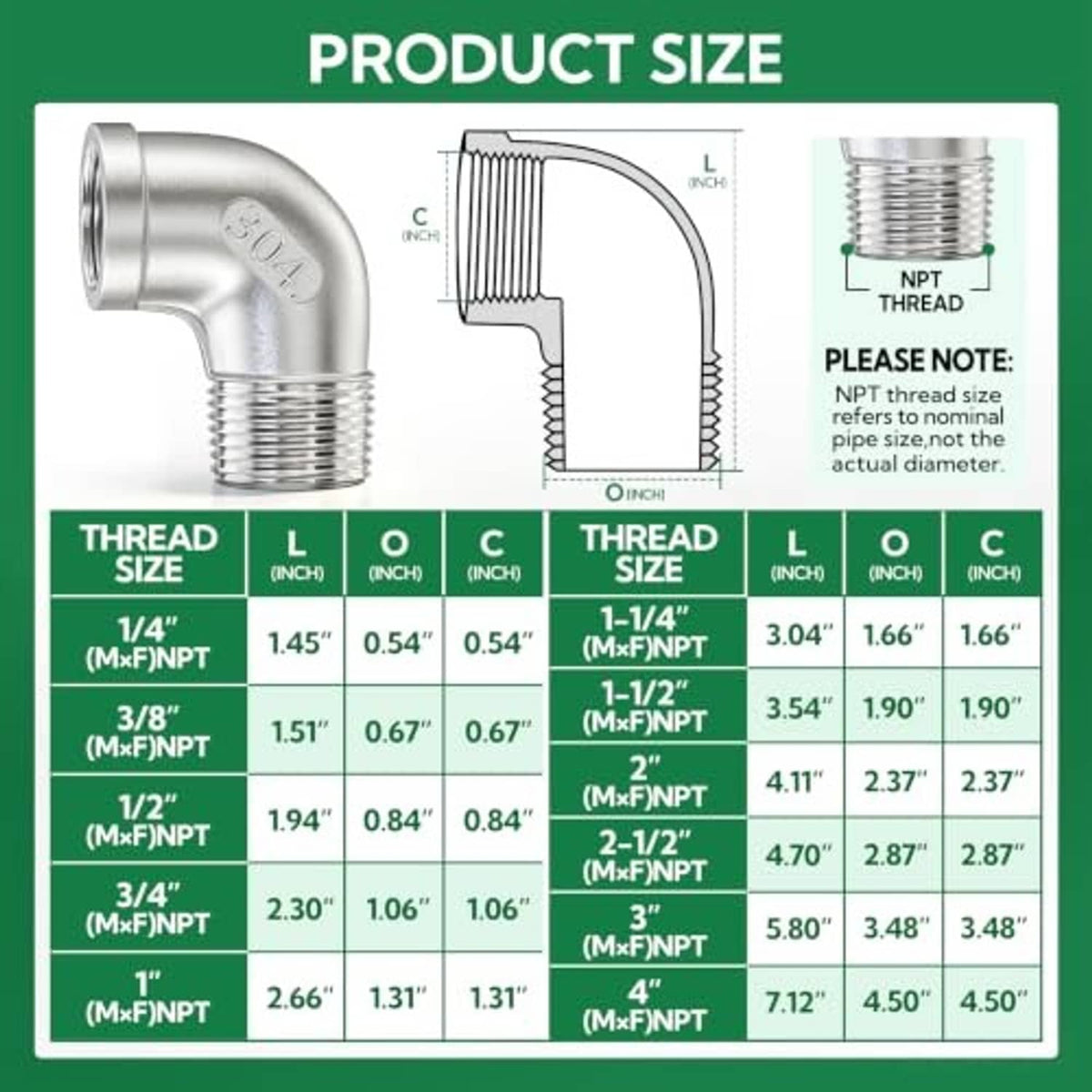 304 stainless steel 90-degree elbow pipe fitting with NPT thread dimension chart