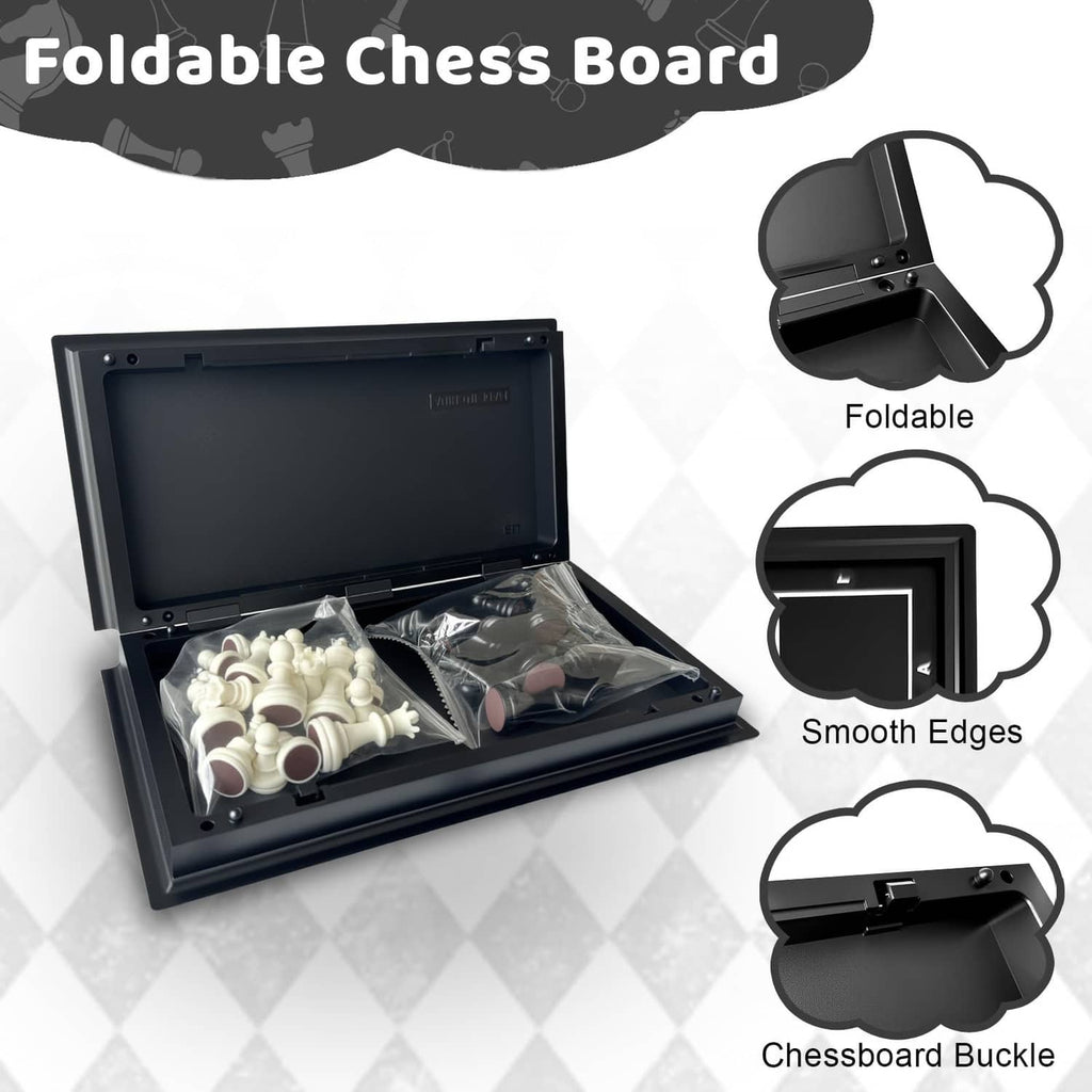 Foldable magnetic chess set case with chessboard folded and pieces inside