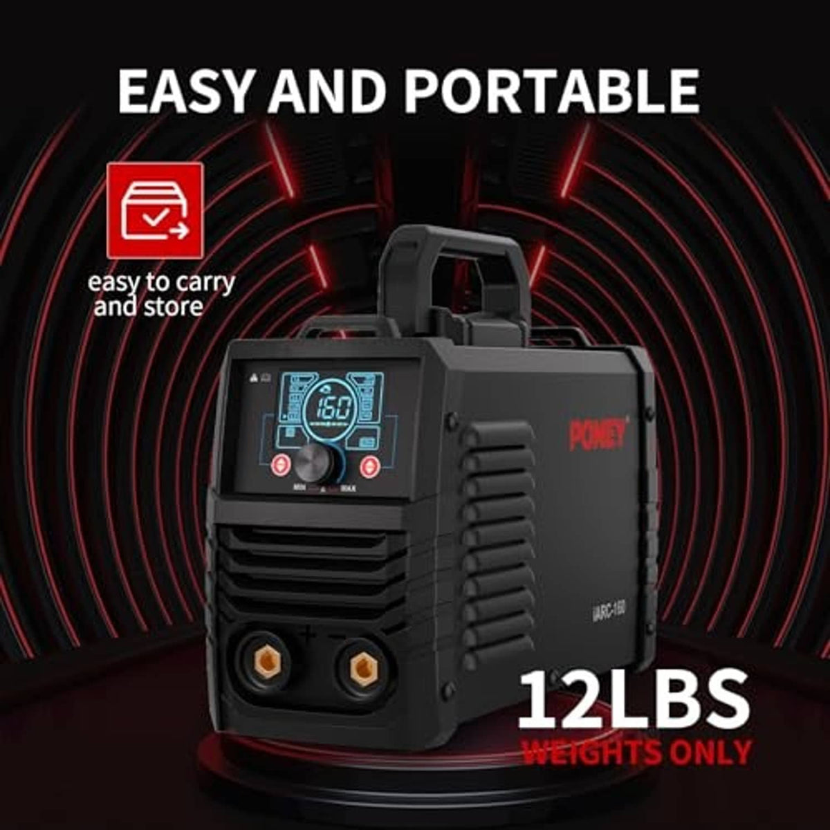 Compact portable inverter welder with handle, digital display, and red power indicator