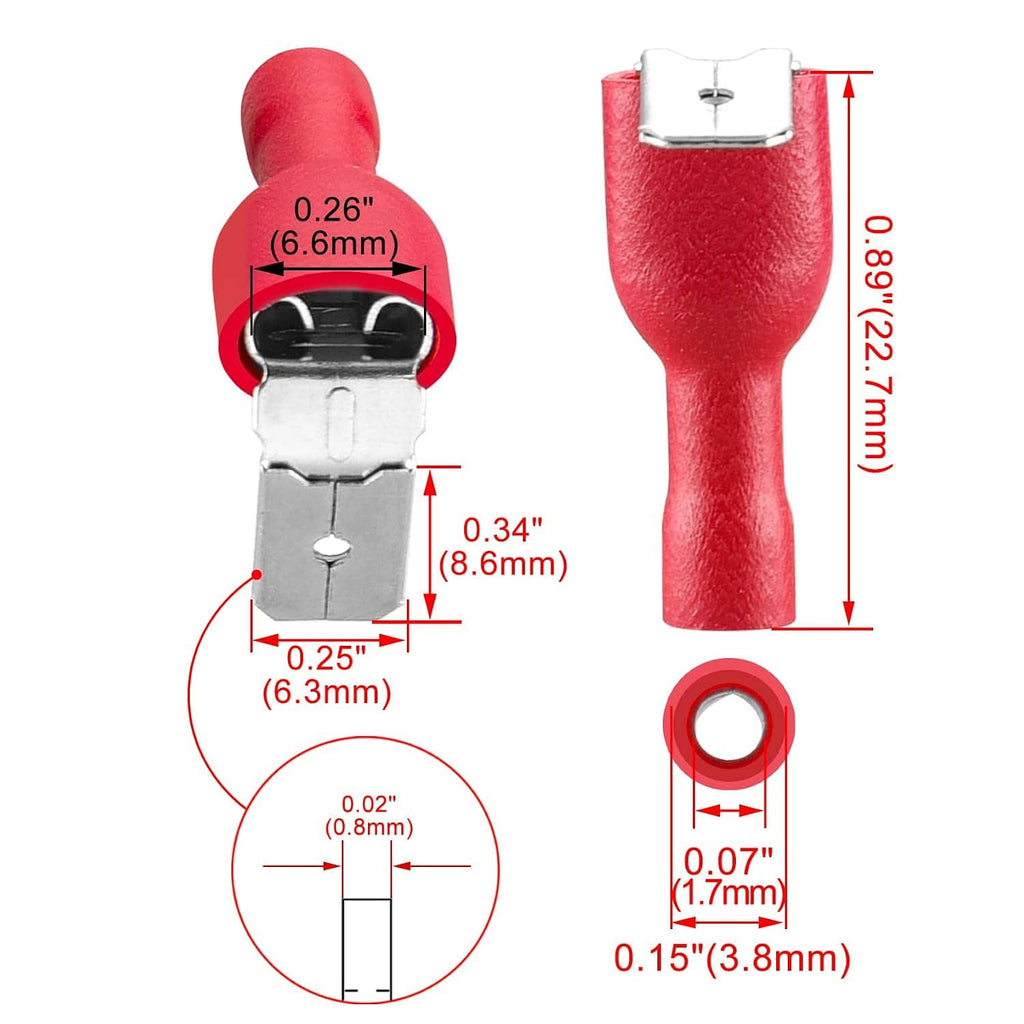 Red insulated spade crimp terminal connector with metal fork and measurement view