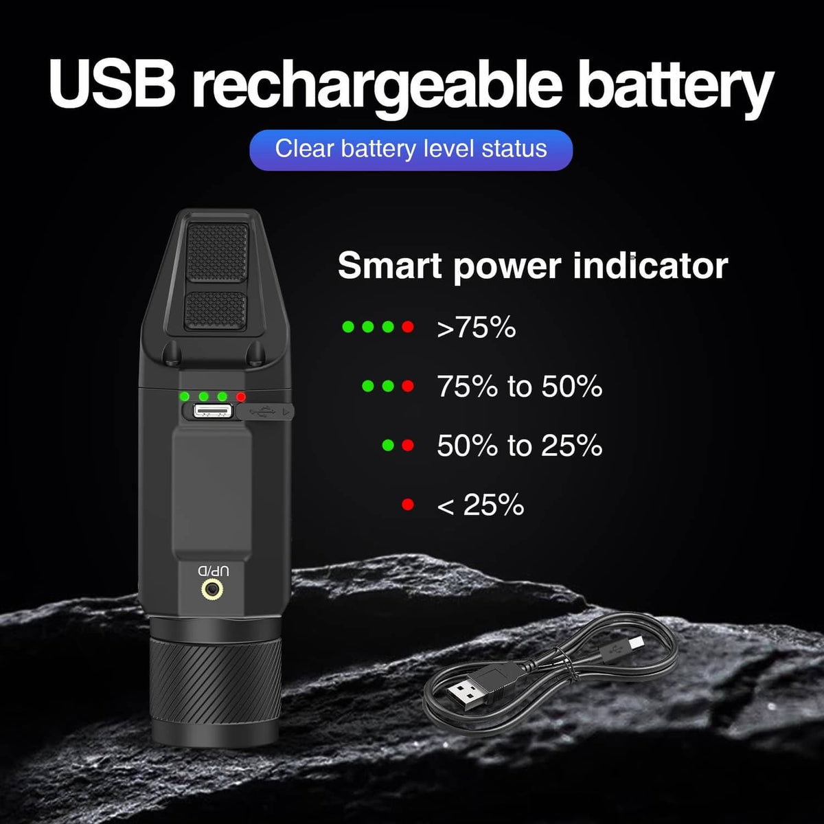 Black USB-rechargeable handheld laser flashlight with battery status LED indicators
