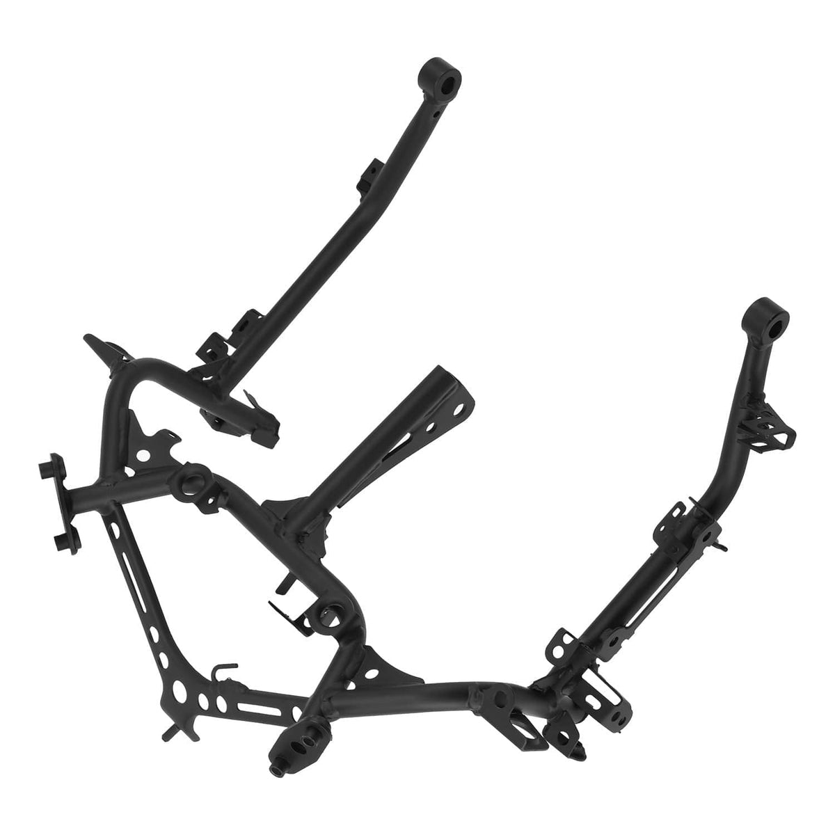 Black motorcycle headlight bracket and fairing stay mounting frame, angled