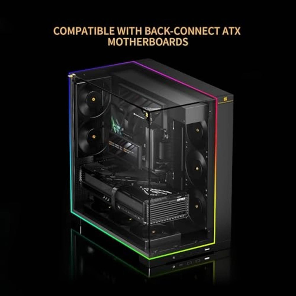 Gaming PC case with RGB lighting accents and back-connect ATX motherboard support