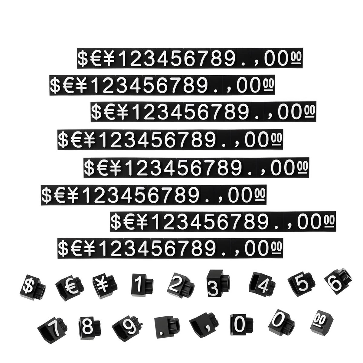 Set of black price display tags and number cubes with $€¥ 123456789, 00 amounts