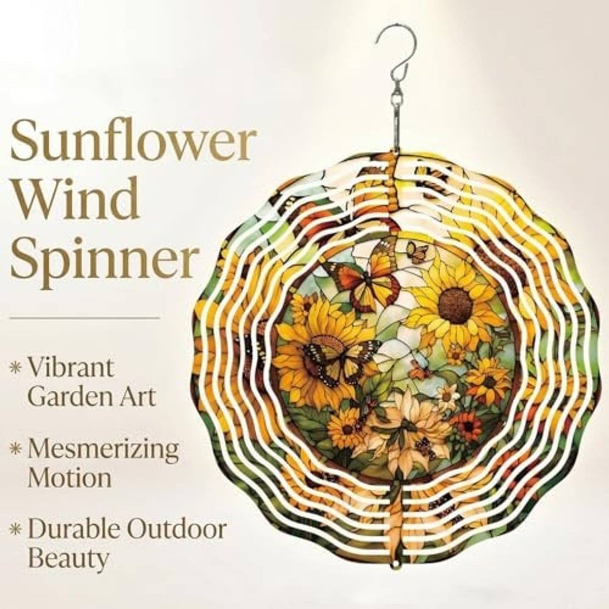 Hanging sunflower wind spinner with wavy metal ribs and colorful floral-and-butterfly center