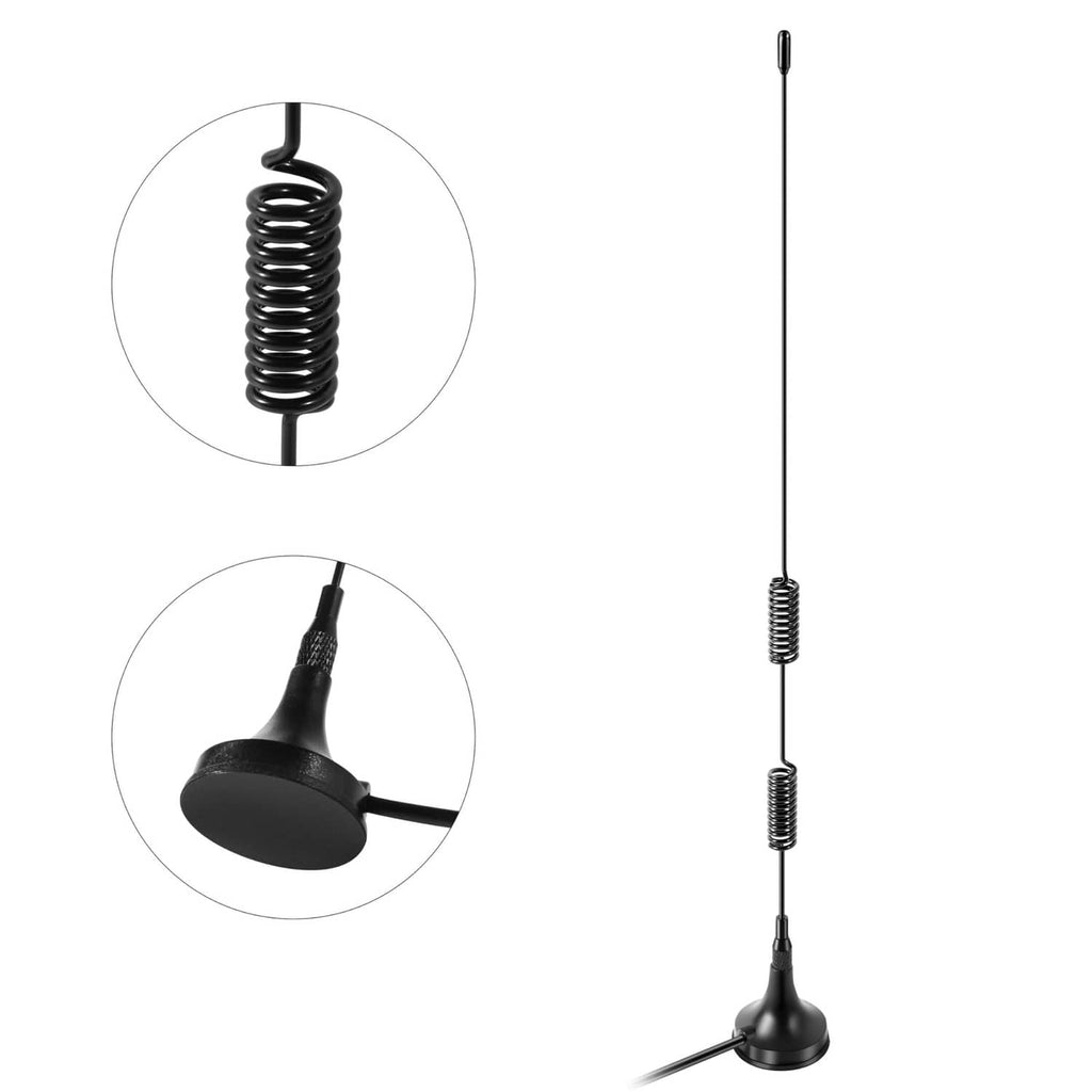 Magnetic base whip antenna with coiled spring element, black base, gold connector