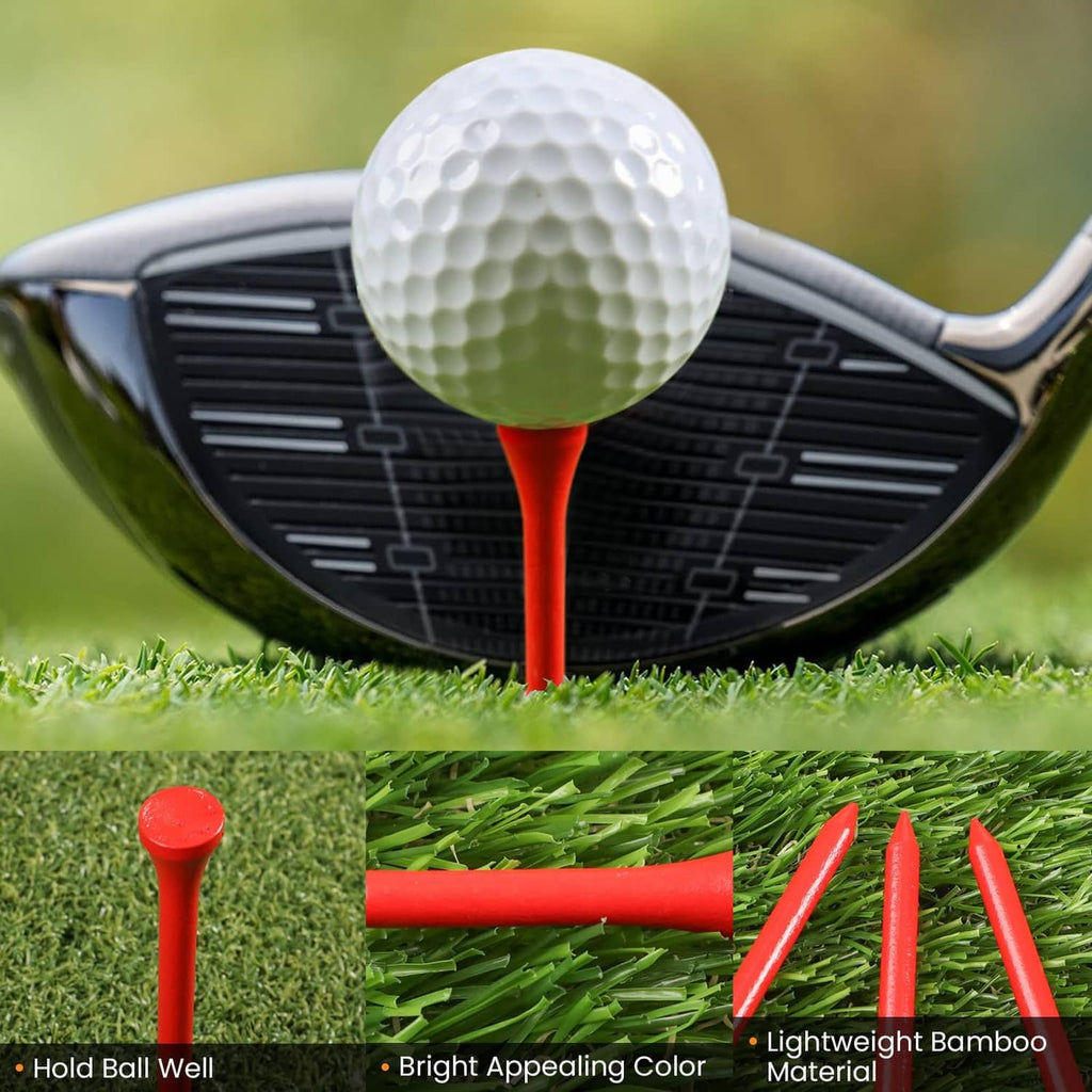 Red-topped wooden golf tee on turf in front of a golf club head
