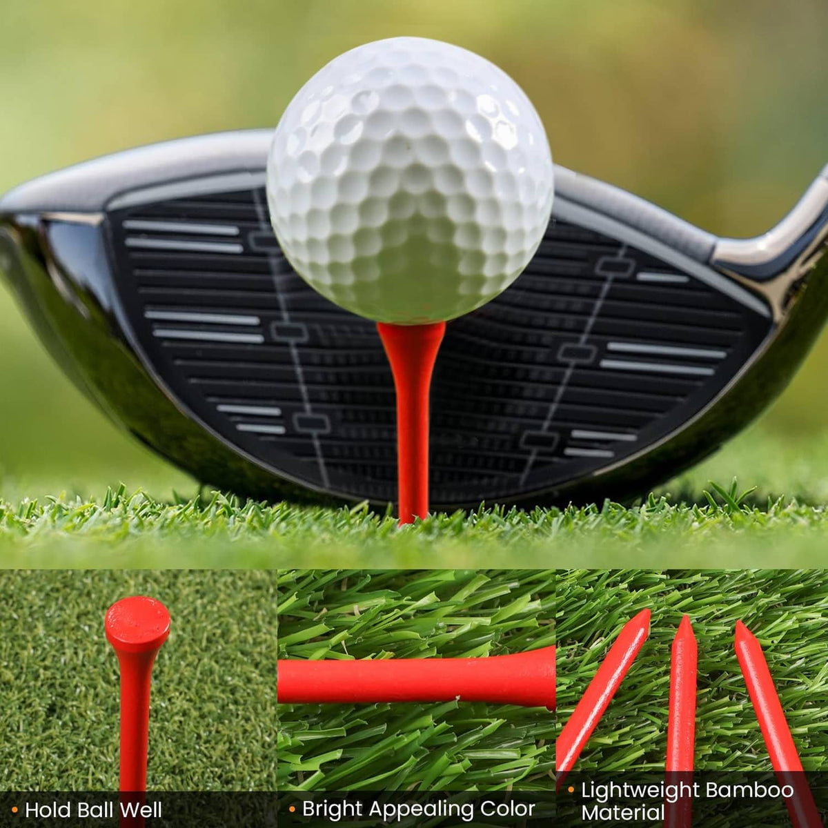 Red-topped wooden golf tee on turf in front of a golf club head