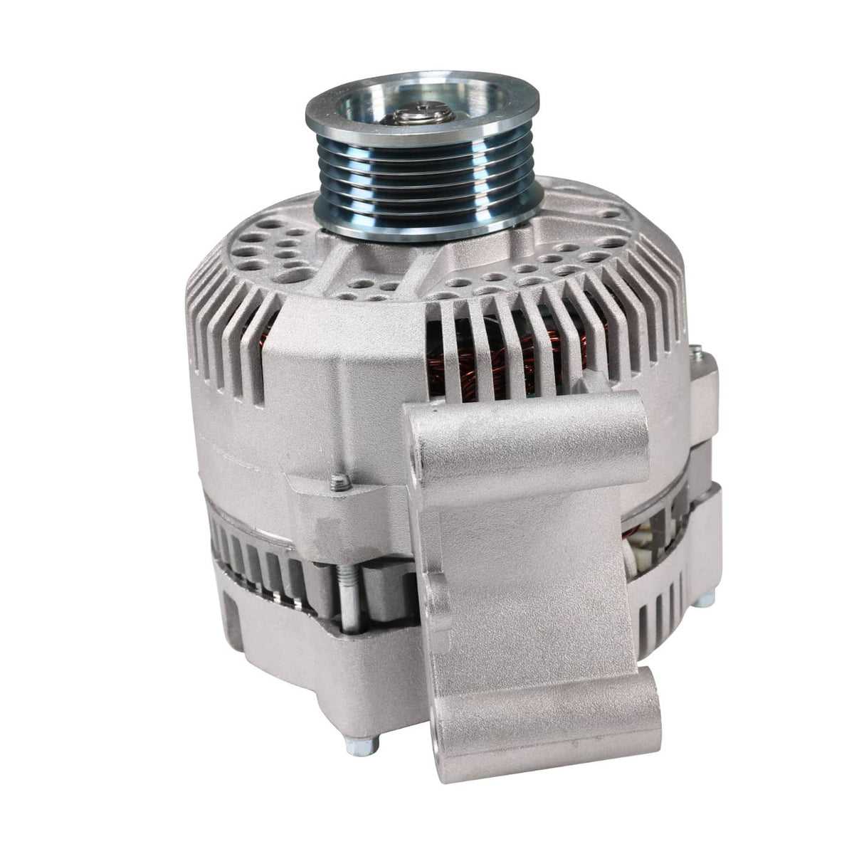 Silver alternator with ribbed belt pulley and vented casing, side view