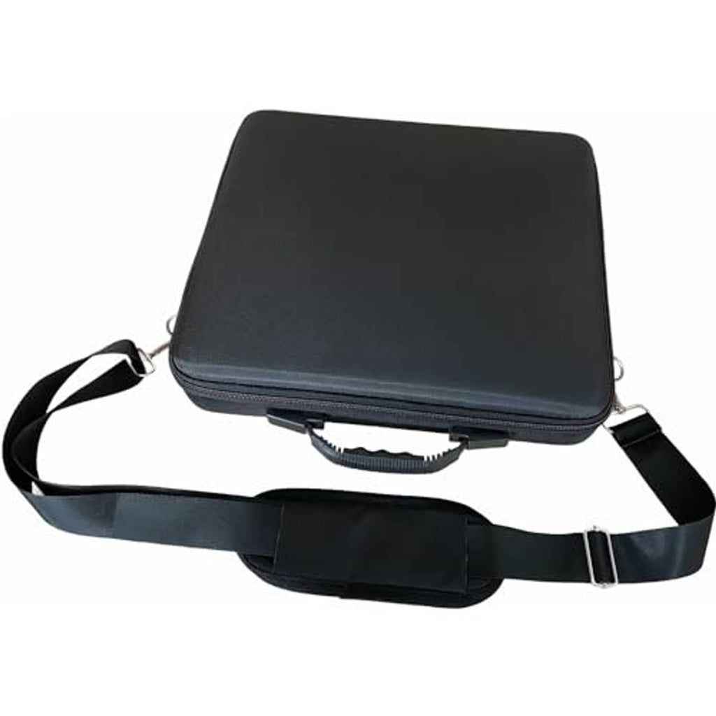 Hard pool ball carrying case, closed with zipper and shoulder strap, dark gray.