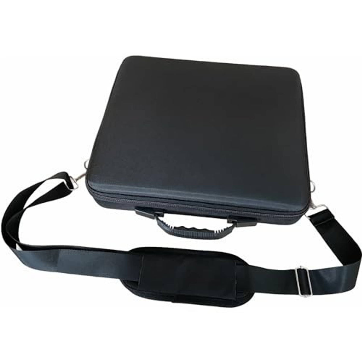 Hard pool ball carrying case, closed with zipper and shoulder strap, dark gray.