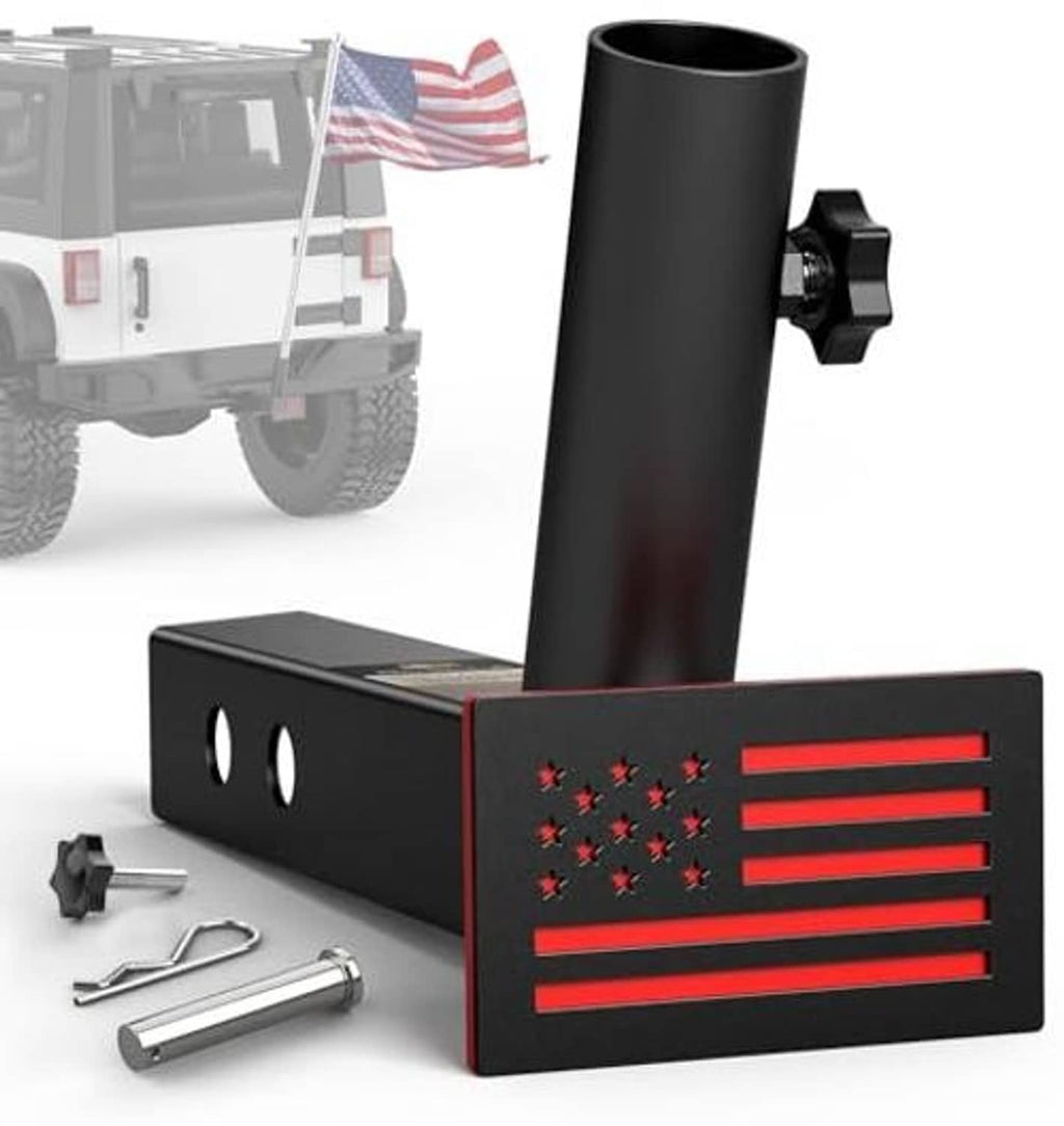 Black flagpole holder base with pole tube and red stars/stripes panel, hardware pieces