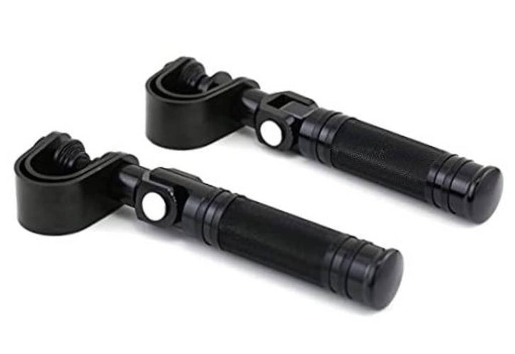Pair of black foldable highway pegs with textured grips and mounting clamp