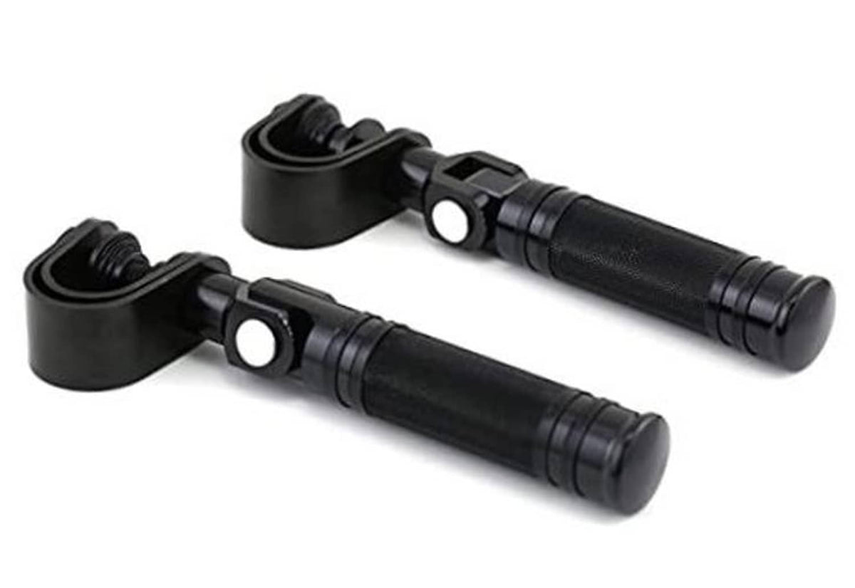 Pair of black foldable highway pegs with textured grips and mounting clamp