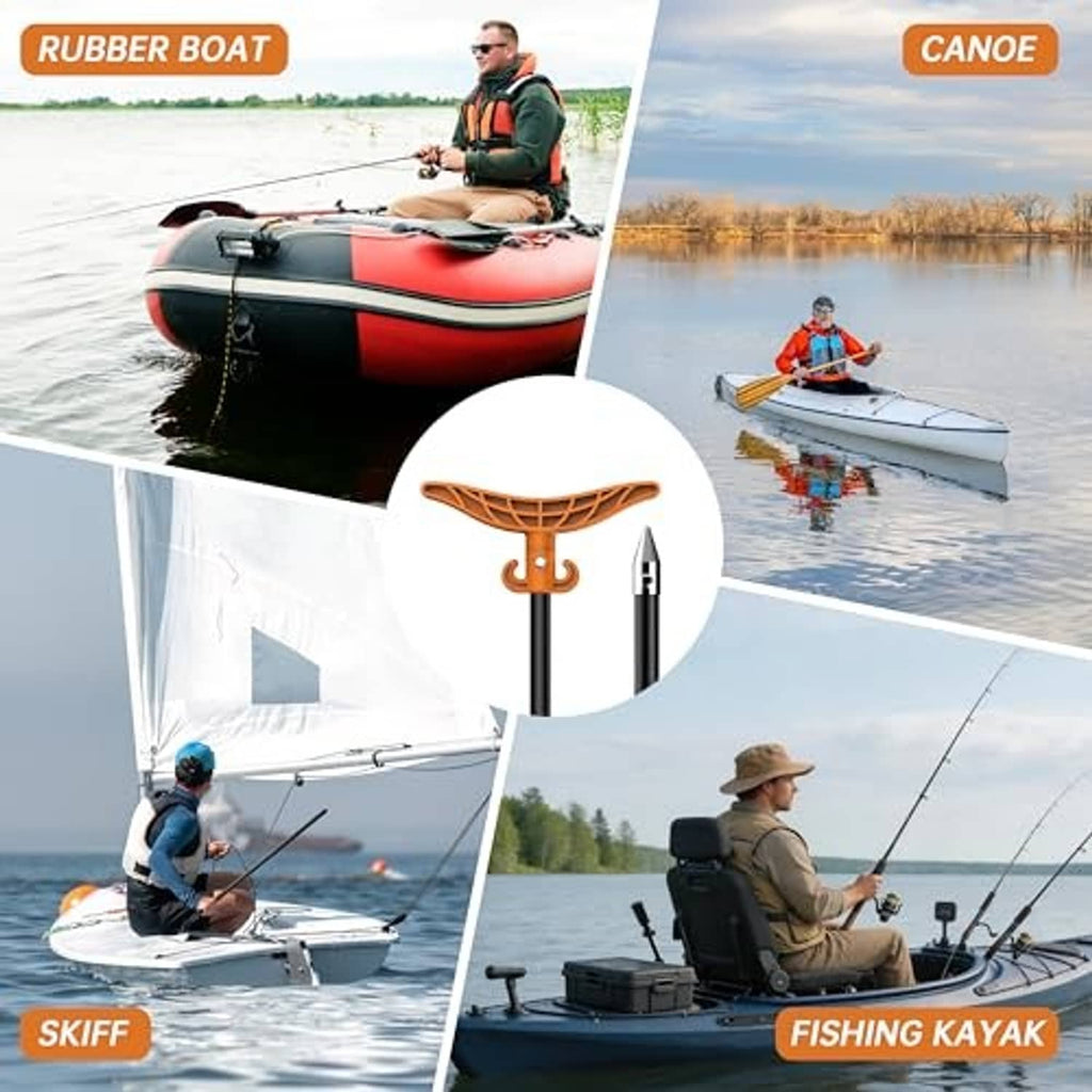 Shallow water anchor pole shown on small boats and fishing kayaks