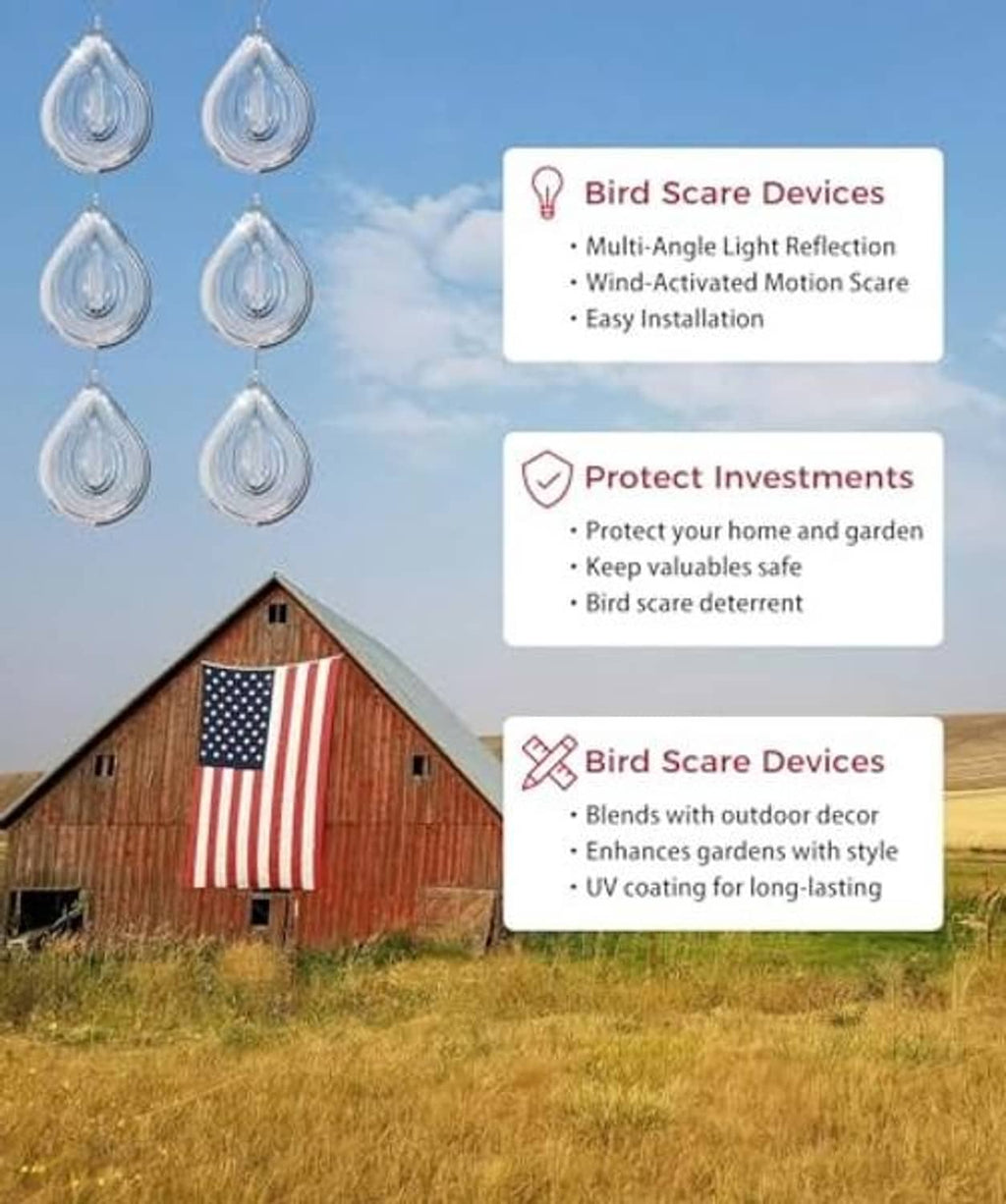 Silver reflective teardrop bird scare discs hanging above a yard with spiral water-drop reflectors