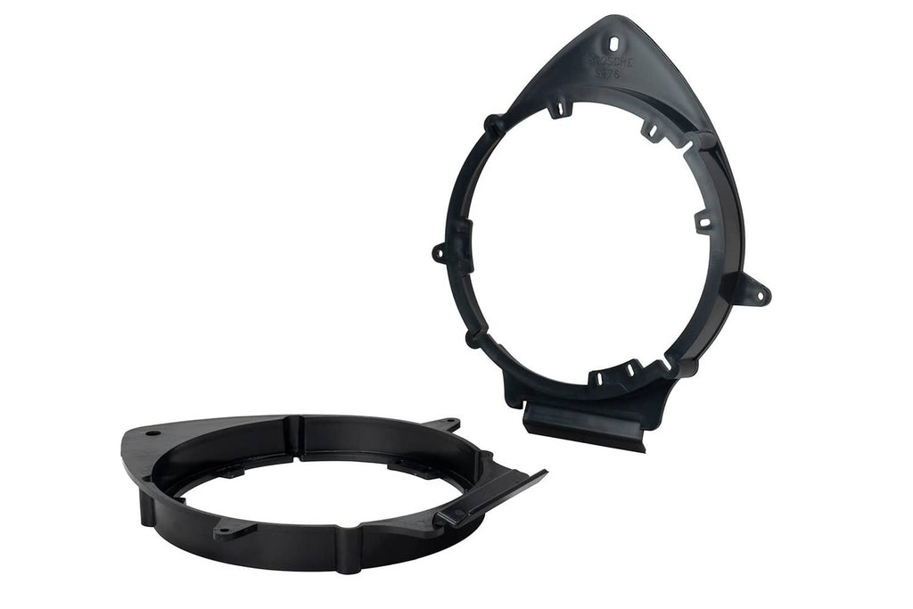 Black plastic speaker adapter rings with mounting slots and securing tabs