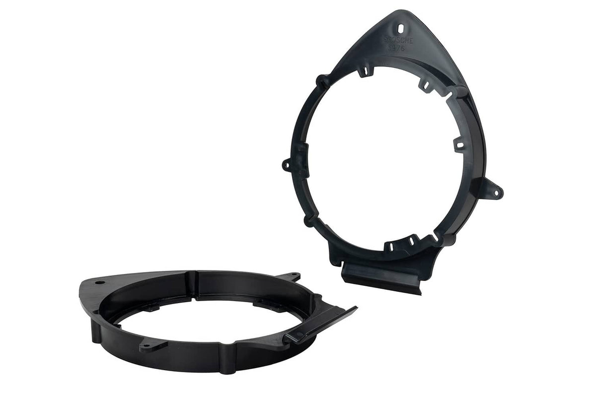 Black plastic speaker adapter rings with mounting slots and securing tabs