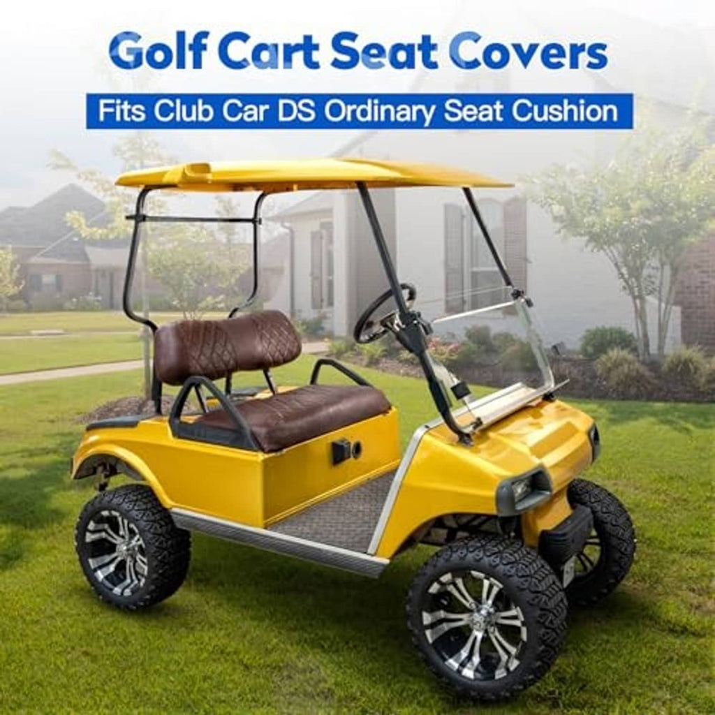 Brown seat covers on a yellow golf cart, featuring diamond-quilted backrest and cushion.