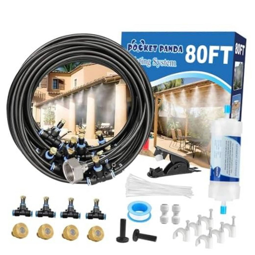 Pre-assembled 80 ft outdoor misting kit with black hose, nozzles, and filter screen parts