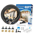 Pre-assembled 80 ft outdoor misting kit with black hose, nozzles, and filter screen parts