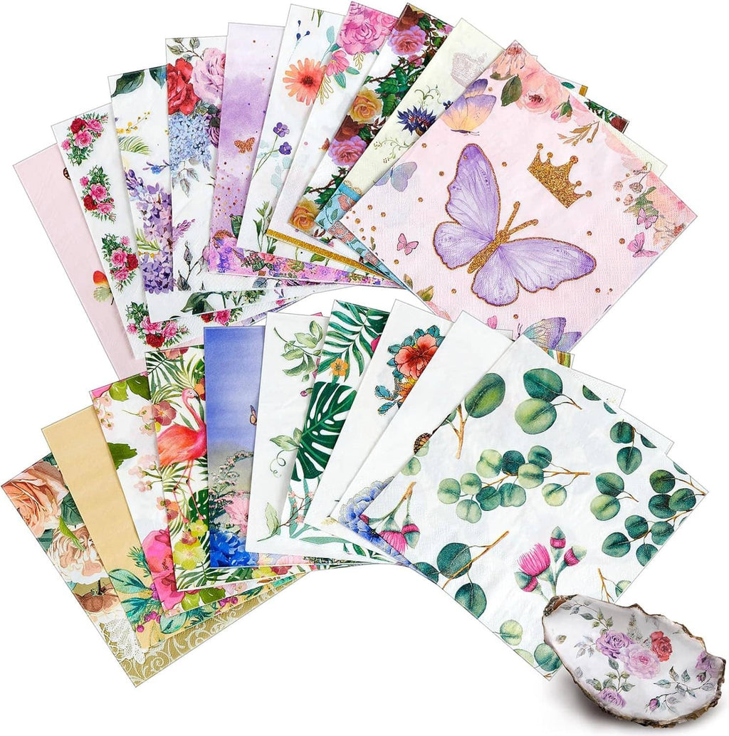 Assorted floral decoupage paper napkins stack, with roses, butterflies, leaves, and wreath prints
