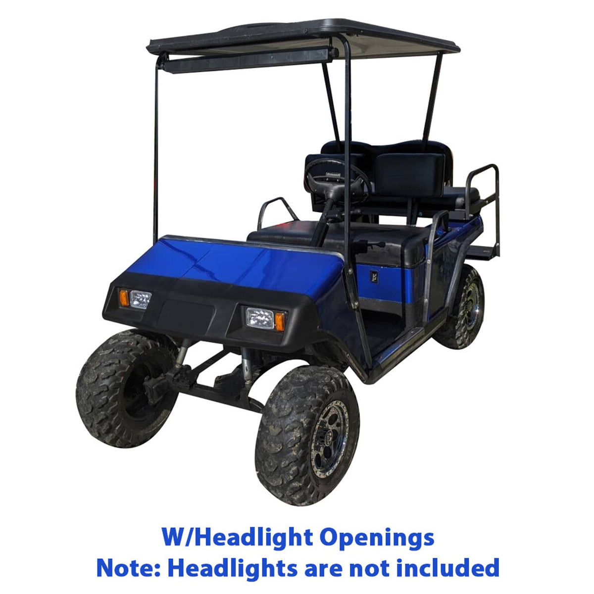 Golf cart front cowl panel with headlight openings on blue utility cart