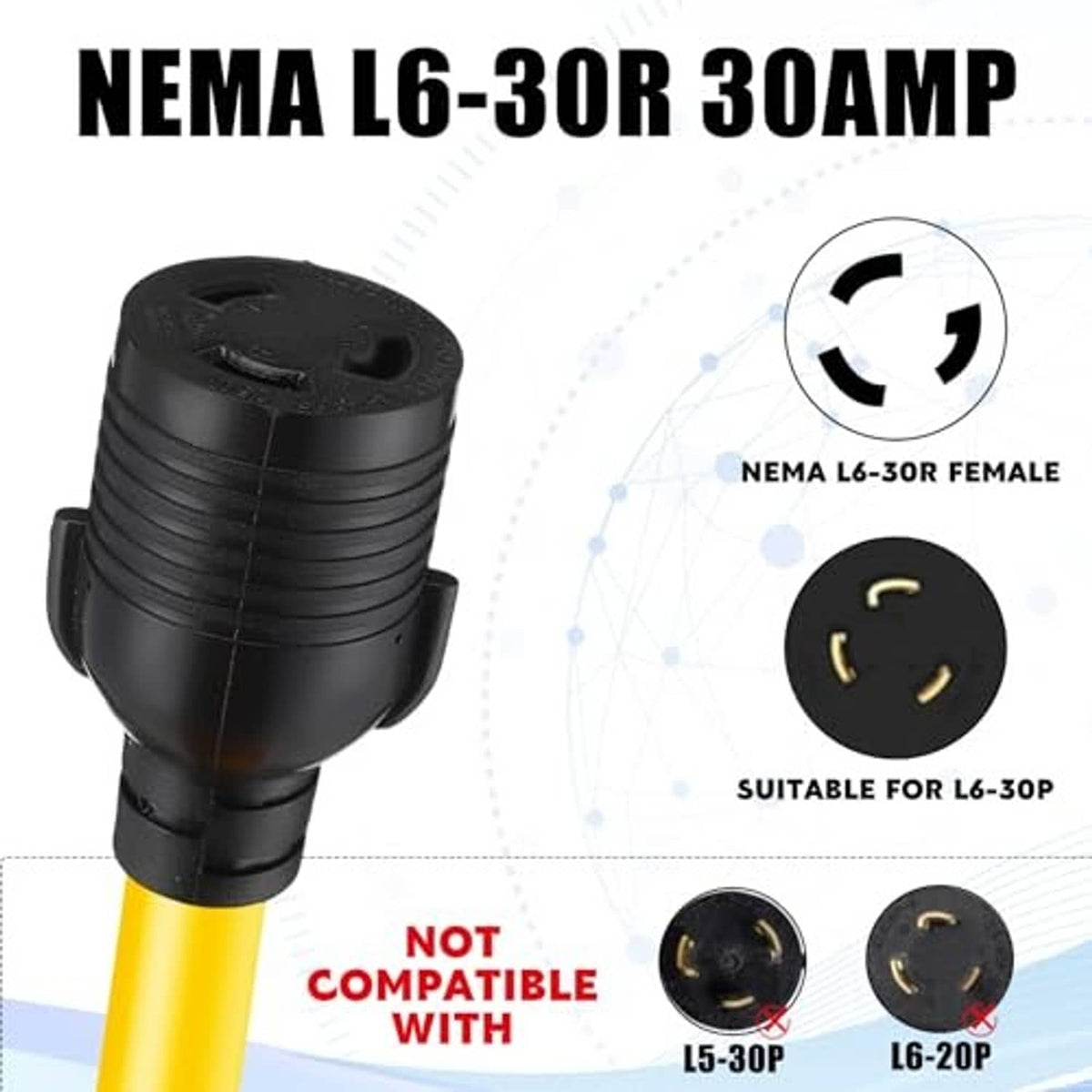 NEMA L6-30R female connector end on yellow adapter cord