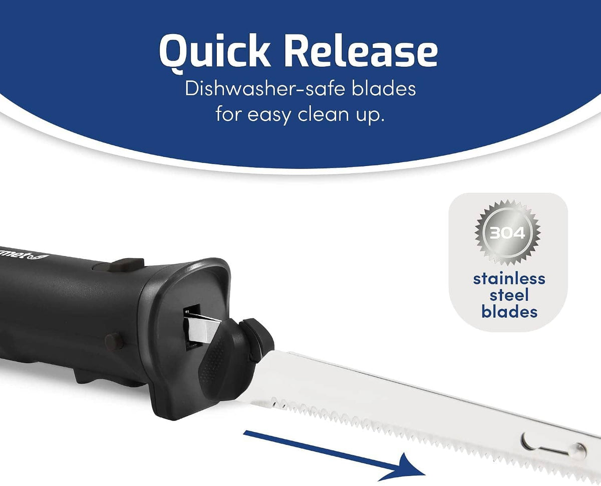 Cordless electric knife with quick-release dark handle and serrated stainless blade