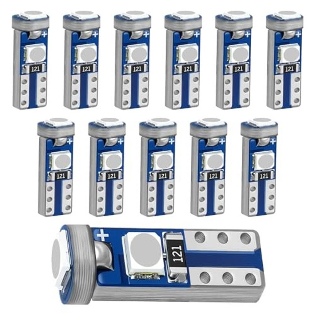 T5 LED car bulbs with blue circuit boards and silver pins, 12-pack